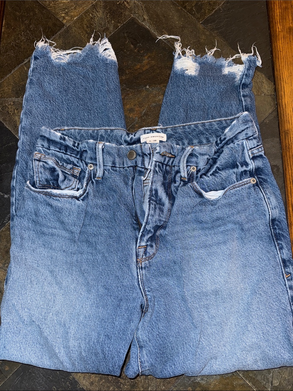 Good American Blue Distressed Hem High-Rise Jeans